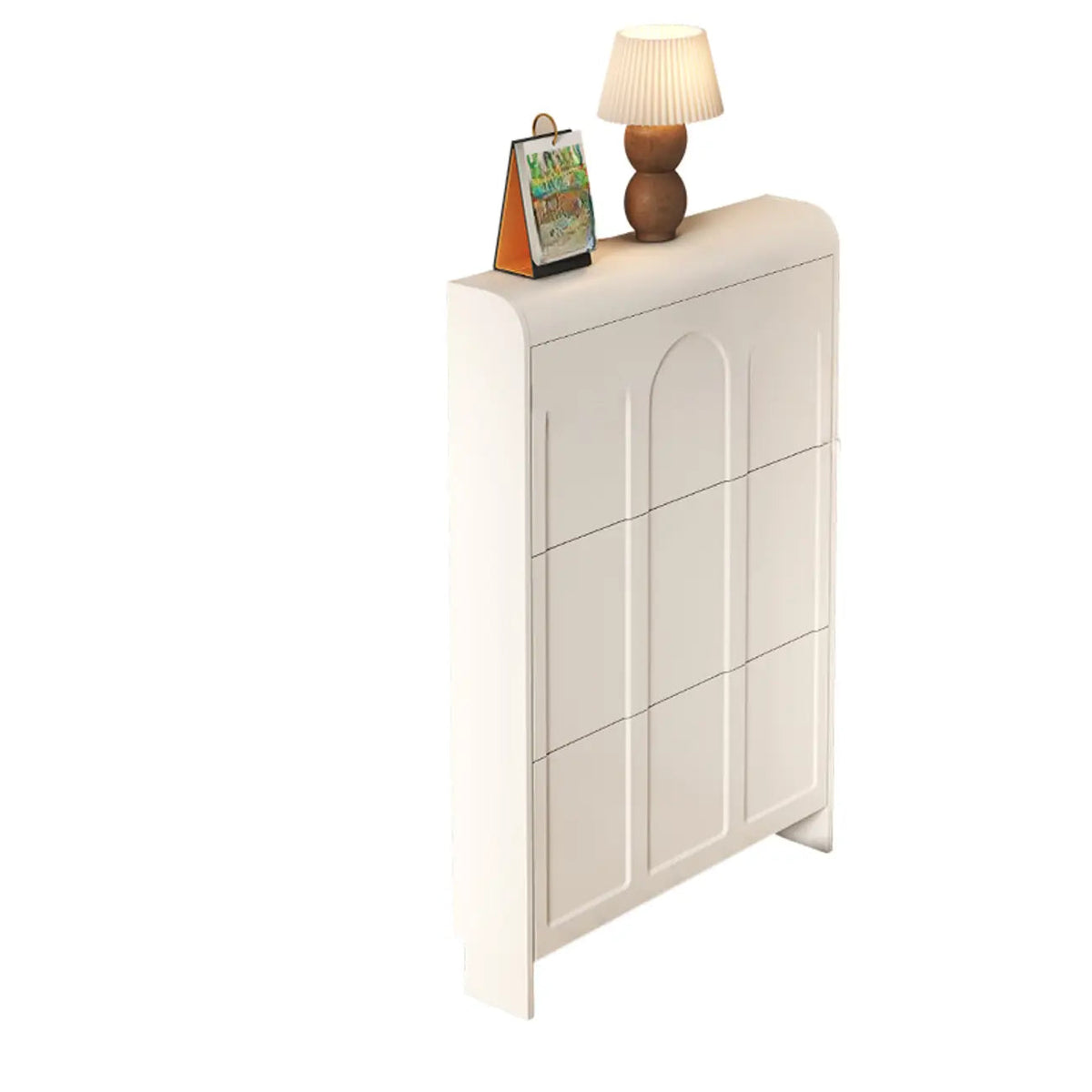 Smalle witte houten schoenenkast met klepdeuren en 3 niveaus