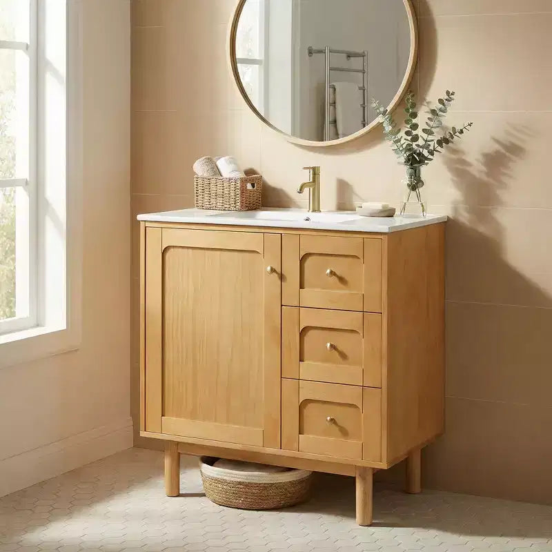 Mobiletto bagno in ceramica JVNOXK da 30 pollici, stile rustico moderno, con 3 cassetti e 1 grande anta a chiusura ammortizzata, mobile contenitore, venatura naturale del legno