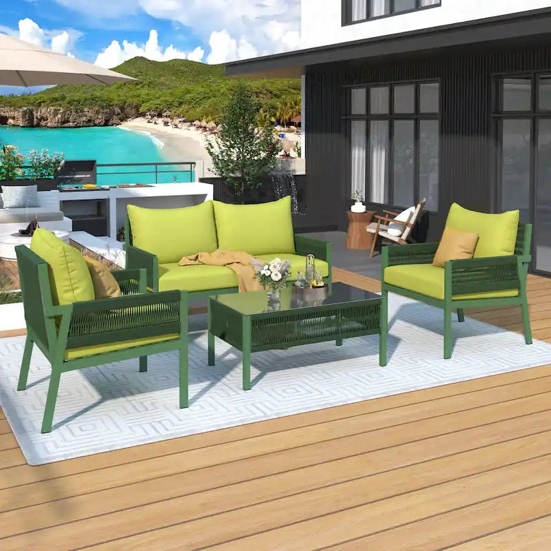 4-delige tuinmeubelset, loungeset voor buiten met tafel van gehard glas, diepe zit en dikke kussens