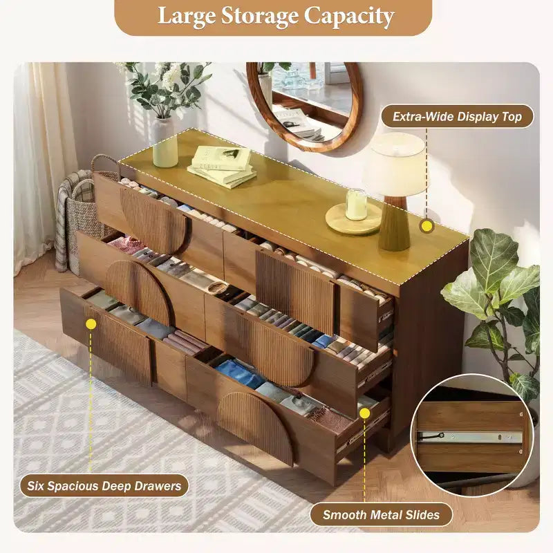 Moderne geometrische Kommode mit 6 Schubladen, breiter Stauraumschrank mit Halbkreismuster für Schlafzimmer und Wohnzimmer