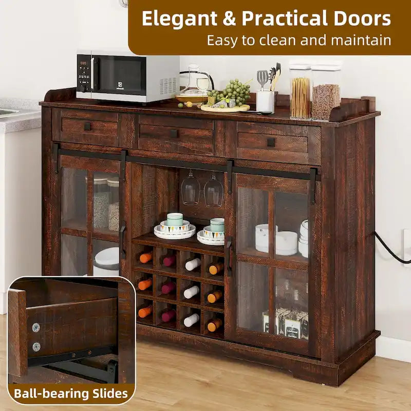 Credenza buffet con ante scorrevoli stile fienile da 53, portabottiglie e mobile contenitore per cucina
