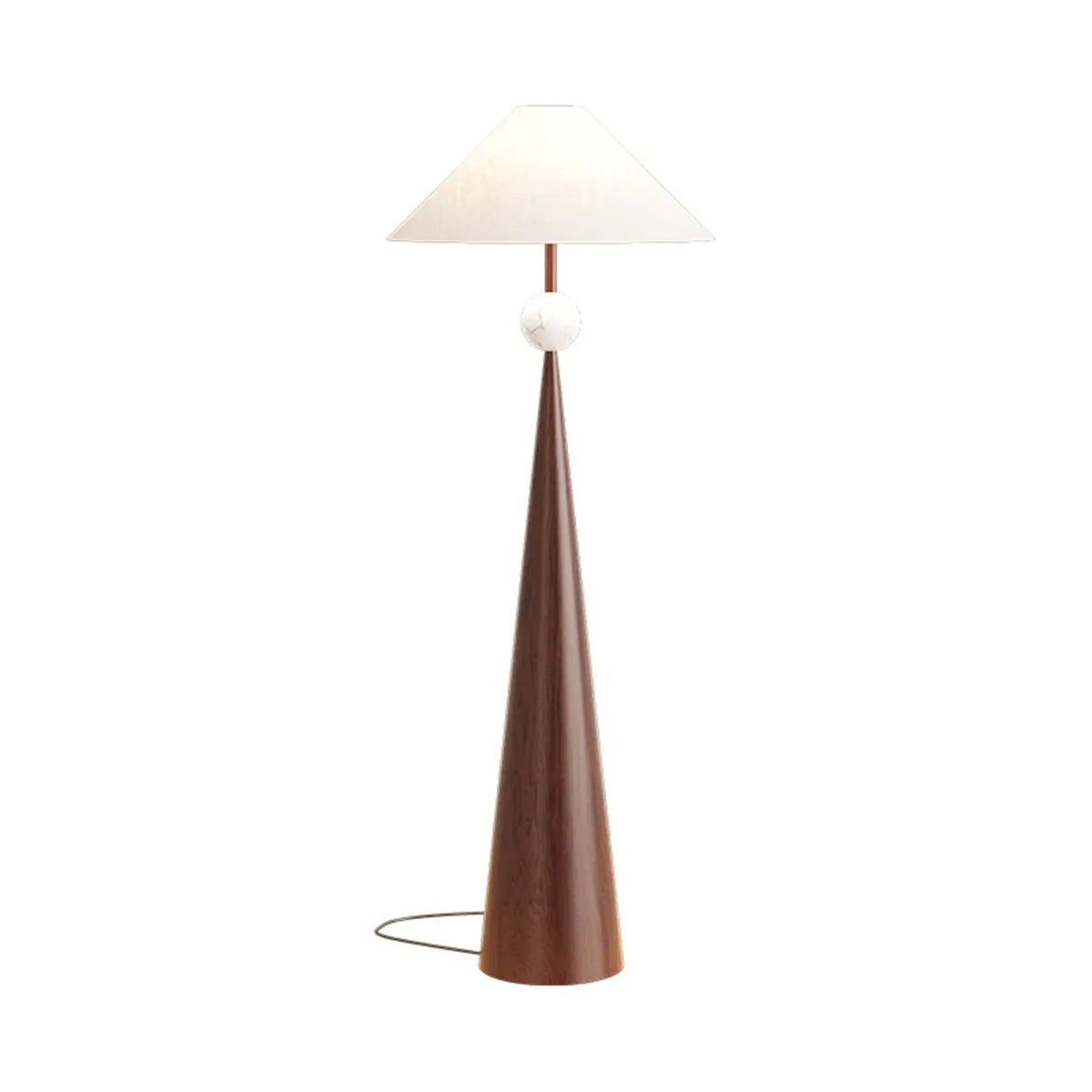 Moderne metalen vloerlamp met taps toelopende voet en stoffen kap