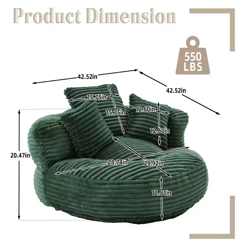 Sitzsacksofa für Erwachsene und Kinder, übergroßer Cord-Sitzsack mit 3 Kissen und Armlehnen für Wohnzimmer und Schlafzimmer - ModernLuxe