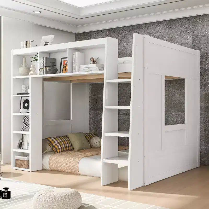 Whisen-Hochbett aus Holz in Queen-Size mit Stauschränken und Regalen
