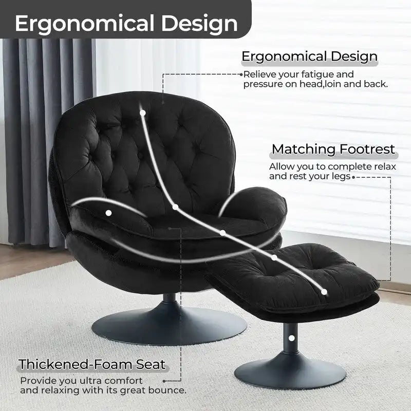 Fluwelen draaifauteuil met voetenbank, ronde leesfauteuil met voetenbankset, 360 draaibaar, metalen frame