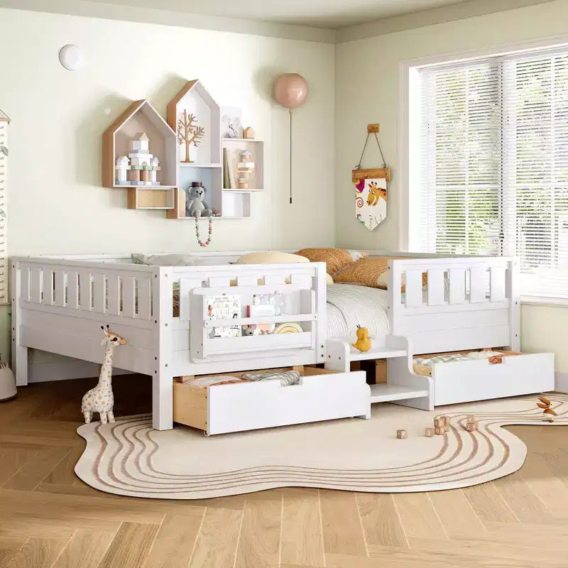 Lit pour enfant Bellemave format queen avec 14 barrières de sécurité, cadre de lit compact avec bibliothèque intégrée et 2 tiroirs de rangement sous le lit