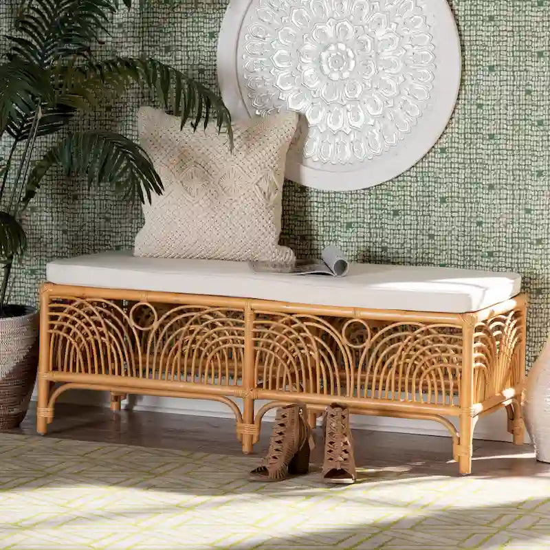 Modern Bohemian Natural Brown Rattan Bench with Cushion