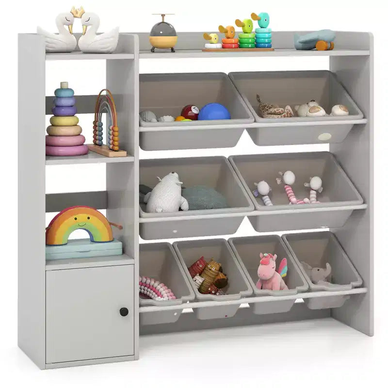 Costway Spielzeugaufbewahrung und Bücherregal für Kinder, Bücherregal aus Holz mit 4 kleinen und 4 großen Boxen, Grau/Weiß