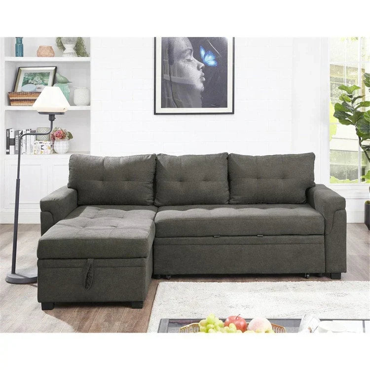 Umbaubares, beidseitig montierbares Ecksofa mit ausziehbarem Schlafbett, verstecktem Stauraum in der Recamiere und robusten Beinen