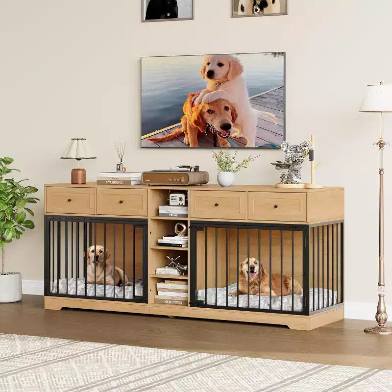 Meuble double cage pour chiens 82, grand chenil d’intérieur pour 2 chiens, cage en bois robuste faisant office de meuble TV avec 4 tiroirs et des étagères