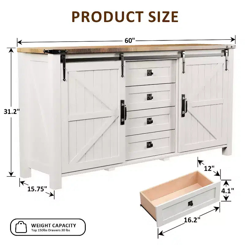 SinCiDo Schminktisch im Landhausstil, 60, mit Schiebetür im Scheunentor-Stil und 4 Schubladen, Schubladenschrank für Wohnzimmer, Schlafzimmer und Kaffeebar