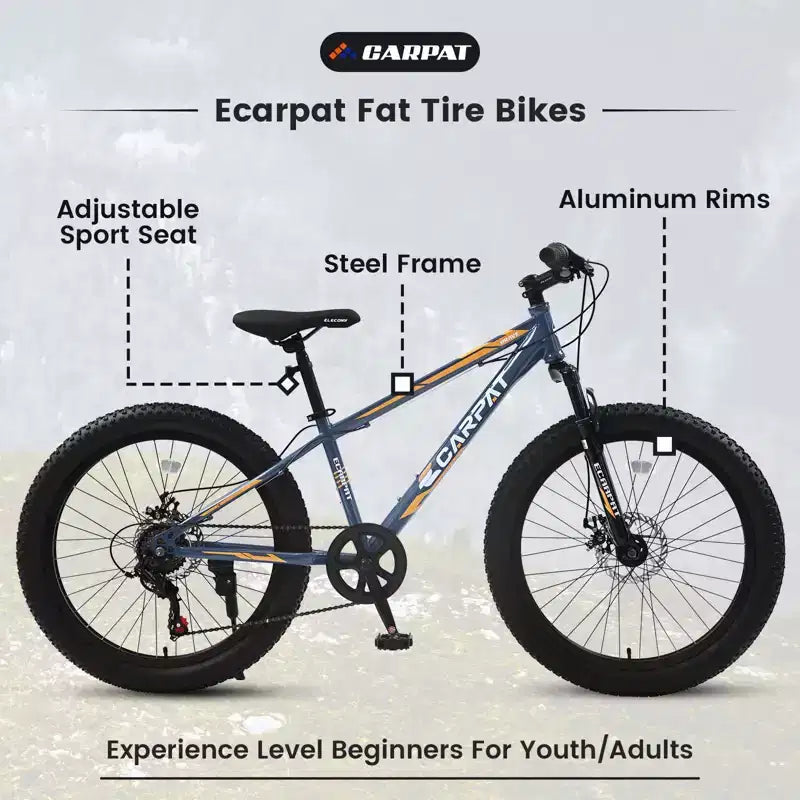 Bicicletta Okak da 24IN con pneumatici larghi e sospensione anteriore, mountain bike a 7 velocità con freno a disco e telaio in acciaio ad alto tenore di carbonio, bici da trail per gli spostamenti
