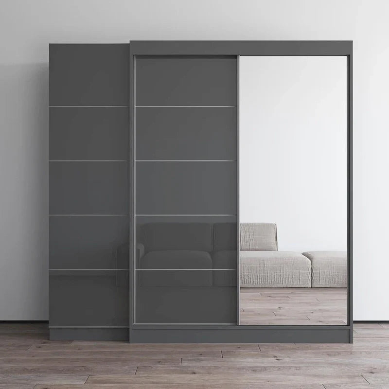 Armoire à 2 portes avec miroir et façade en verre, pour 2 personnes (gris / noir / blanc)