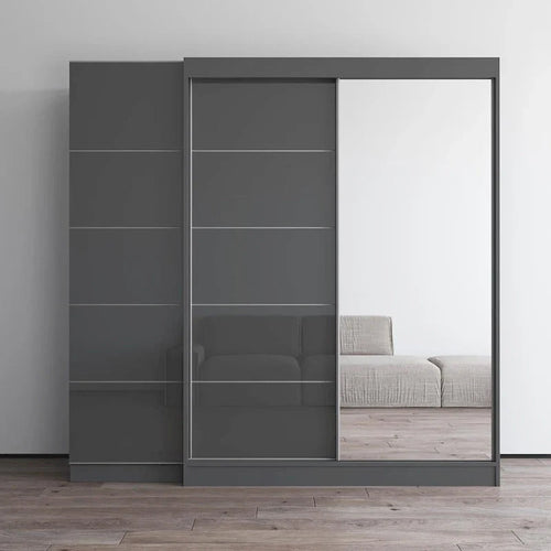 Armadio a 2 ante con specchio e frontale in vetro, per 2 persone (grigio / nero / bianco)
