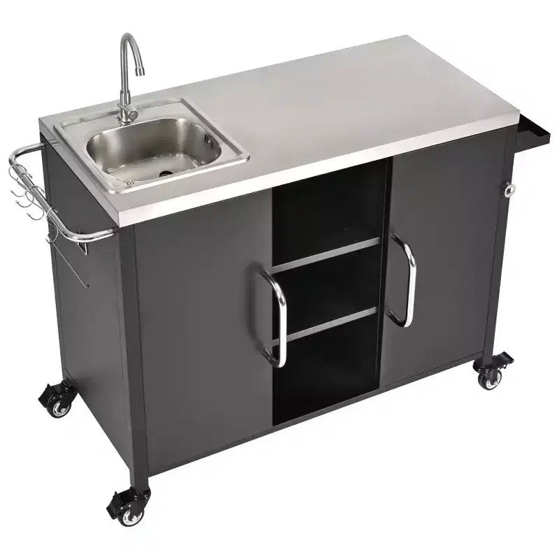 Îlot de cuisine d’extérieur 55.5 avec évier, table de préparation en acier inoxydable avec porte-épices et roulettes verrouillables, chariot pour barbecue, noir - ModernLuxe