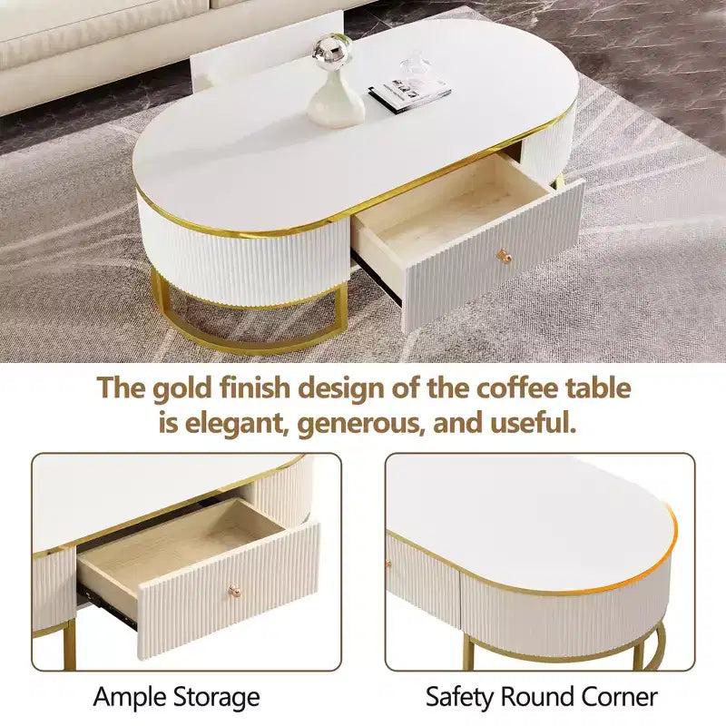 Table basse moderne 47W avec tiroirs, profil incurvé, pieds en métal doré, ovale, blanc et or - ModernLuxe