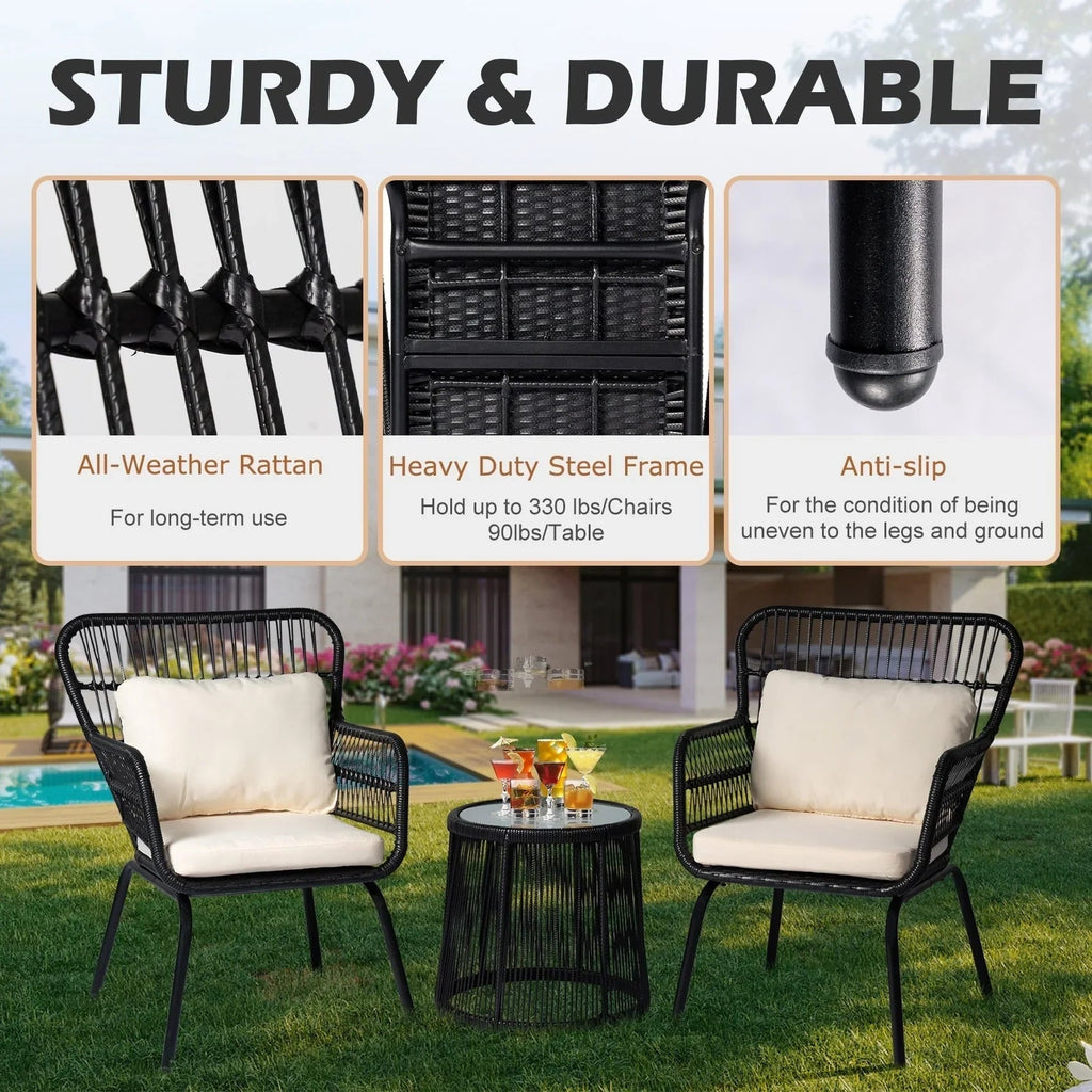 3-teiliges Outdoor-Bistroset aus Korbgeflecht, wetterfeste Rattan-Gartenmöbel mit Stühlen und Kissen