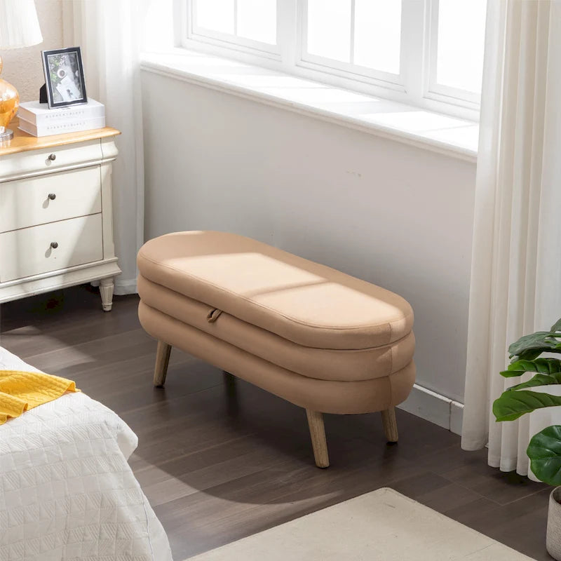 Velvet Upholstered Storage Bench with Wooden Legs