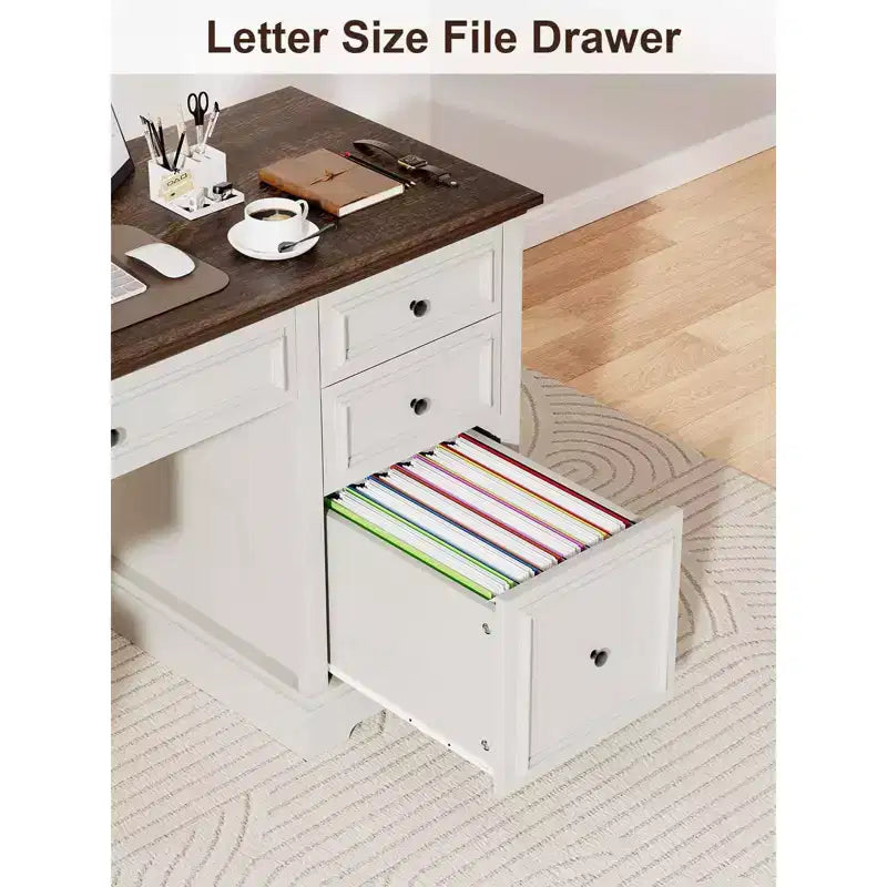 Dyonery 60-Zoll-Schreibtisch im Landhausstil mit Schubladen und Aktenschrank, Schreibtisch aus Holz mit geprägter Struktur fürs Homeoffice, Schwarz/Braun/Weiß und Braun
