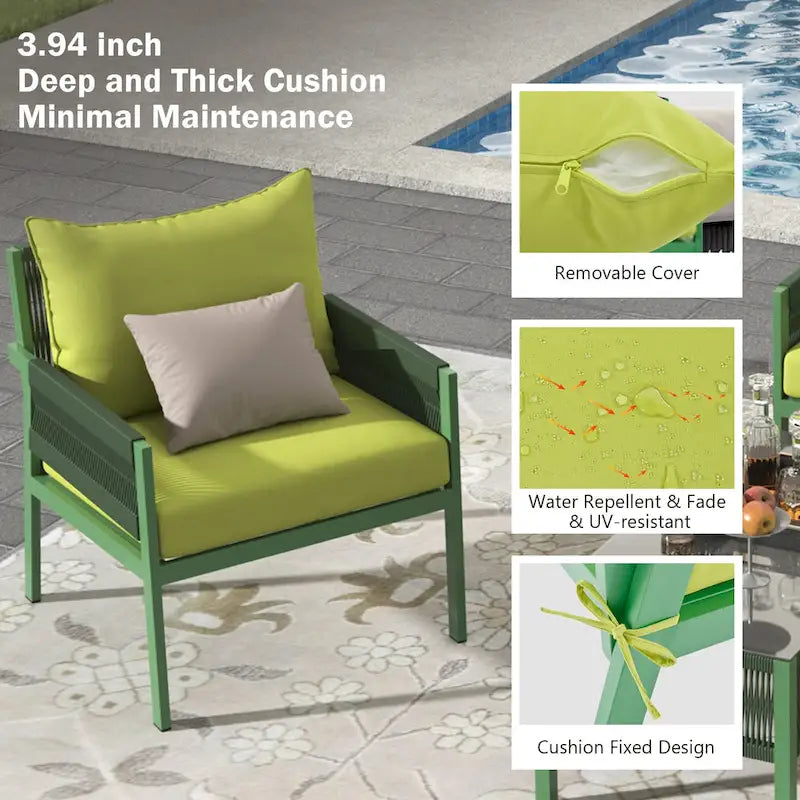 4-teiliges Gartenmöbelset, Sitzgruppe für den Garten mit Tisch aus gehärtetem Glas, tiefer Sitzfläche und dicken Polstern