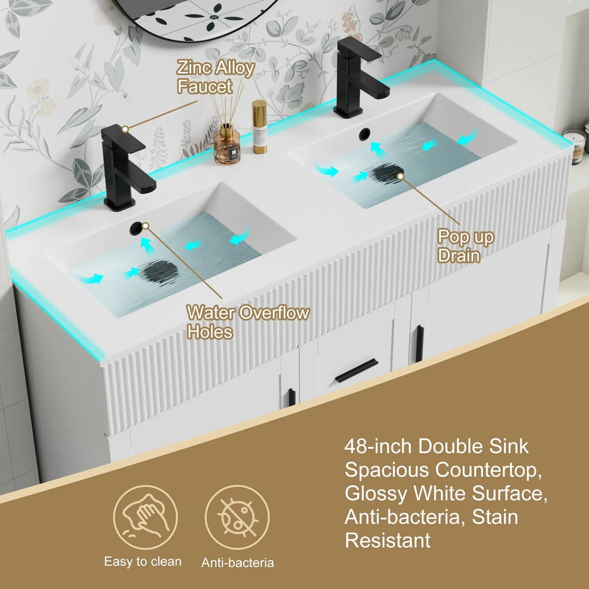 Ensemble meuble-lavabo de salle de bain Wavy Line 30/36/48 avec lavabo et robinet