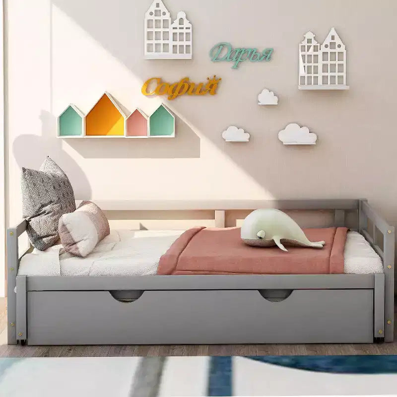 Okak Tagesbett in Einzelbettgröße mit ausziehbarem Design, Gästebett-Auszug/Schubladen und Sicherheitsgittern, Massivholz-Bettgestell für Jugendliche und Erwachsene