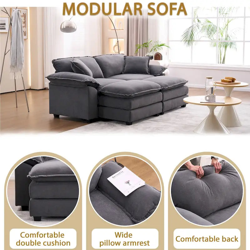 Divano a 2 posti con 2 cuscini, 2 guanciali e 2 pouf, divano comodo - Divano profondo modulare per soggiorno