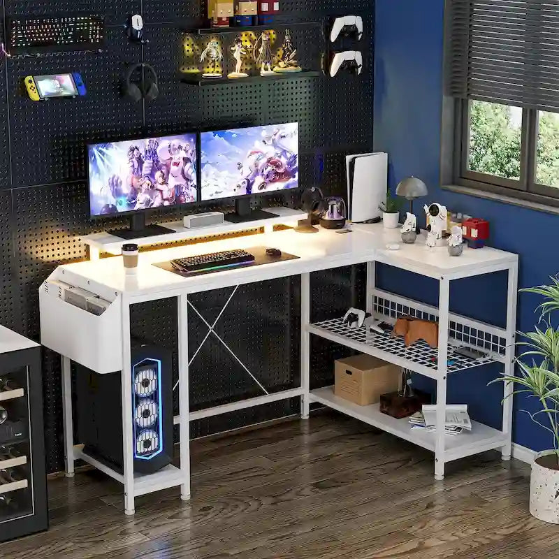Modern L-Shaped Computer Desk with Power Outlets and RGB LED