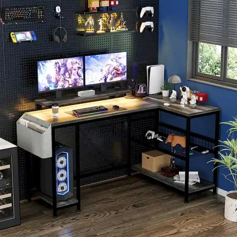 Modern L-Shaped Computer Desk with Power Outlets and RGB LED