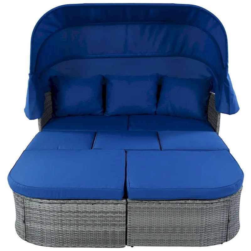 Graues Outdoor-Daybed aus Rattan mit Kissen und ausziehbarem Sonnendach