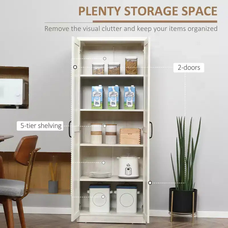 Garde-manger de cuisine à 2 portes de 63, armoire de rangement autonome avec 5 niveaux d’étagères et 2 étagères réglables pour la salle à manger