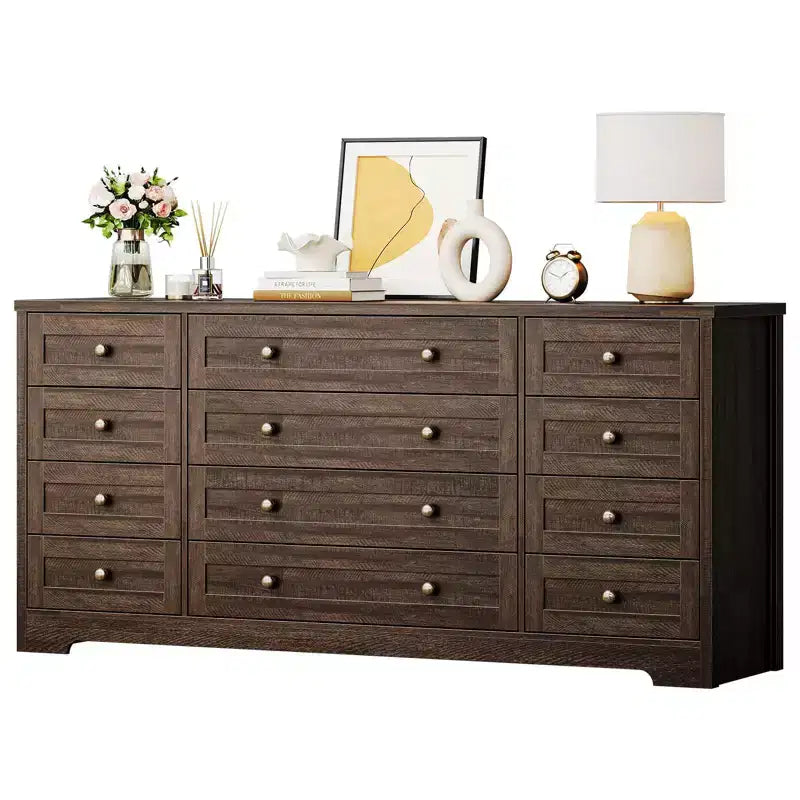 Commode en bois à 12 tiroirs pour chambre, meuble TV moderne et large pour téléviseur de 65 pouces, commode en bois, rangement champêtre pour vêtements dans le salon