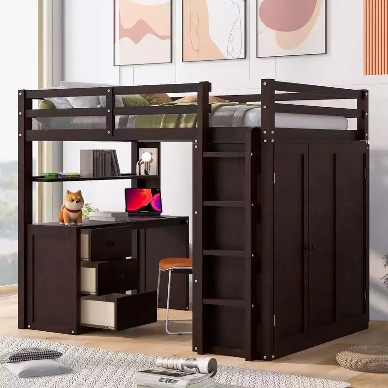 CLIHOME Hochbett in voller Größe mit 3 Aufbewahrungsschubladen, Schreibtisch und Kleiderschrank
