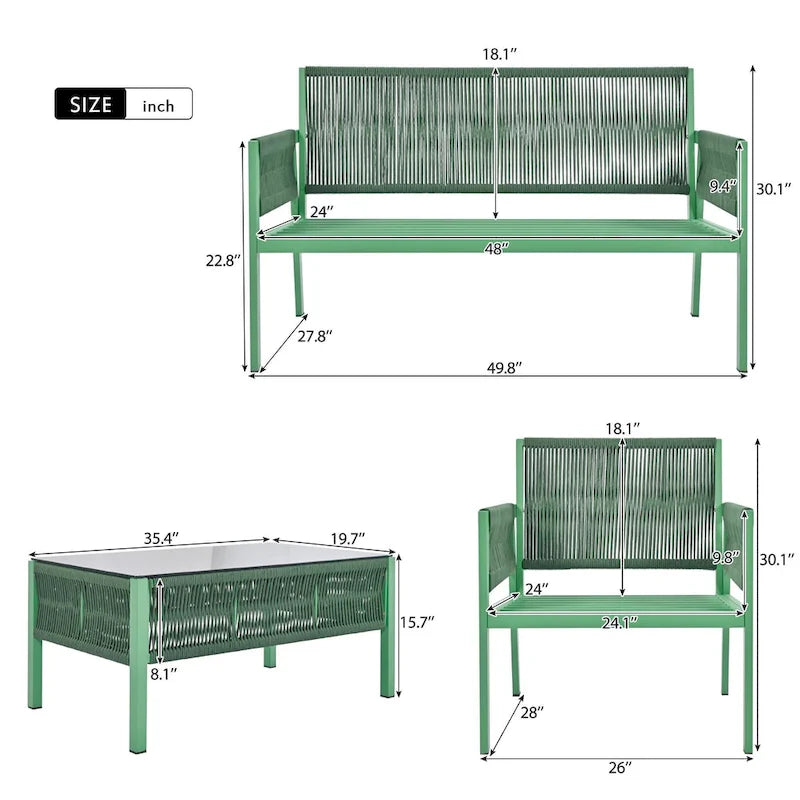 4-delige tuinmeubelset, loungeset voor buiten met tafel van gehard glas, diepe zit en dikke kussens