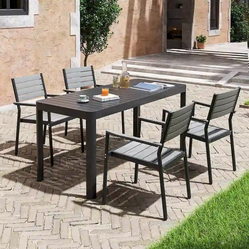 Ensemble de salle à manger d'extérieur en aluminium de 5/7 pièces, avec chaises empilables et table extensible