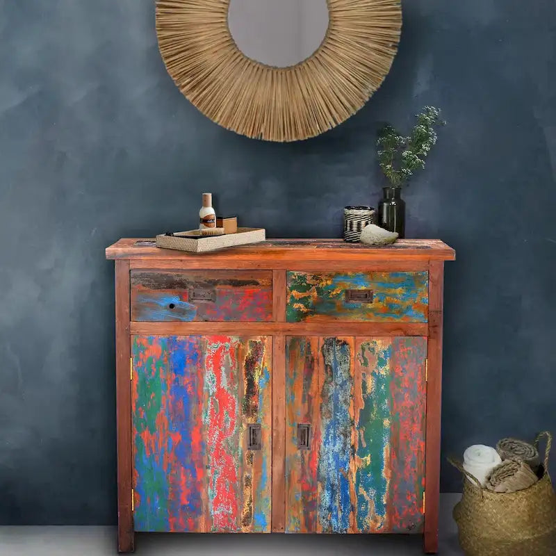 Recycled Teak Wood Linen Cabinet with 2 Doors and 2 Drawers