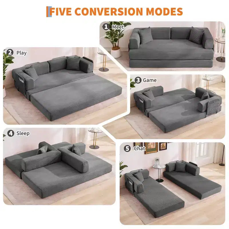 Modernes 79-Futon-Schlafsofa aus Cord für kleine Räume, 5-in-1-Couch mit abnehmbaren Armlehnen und Kissen