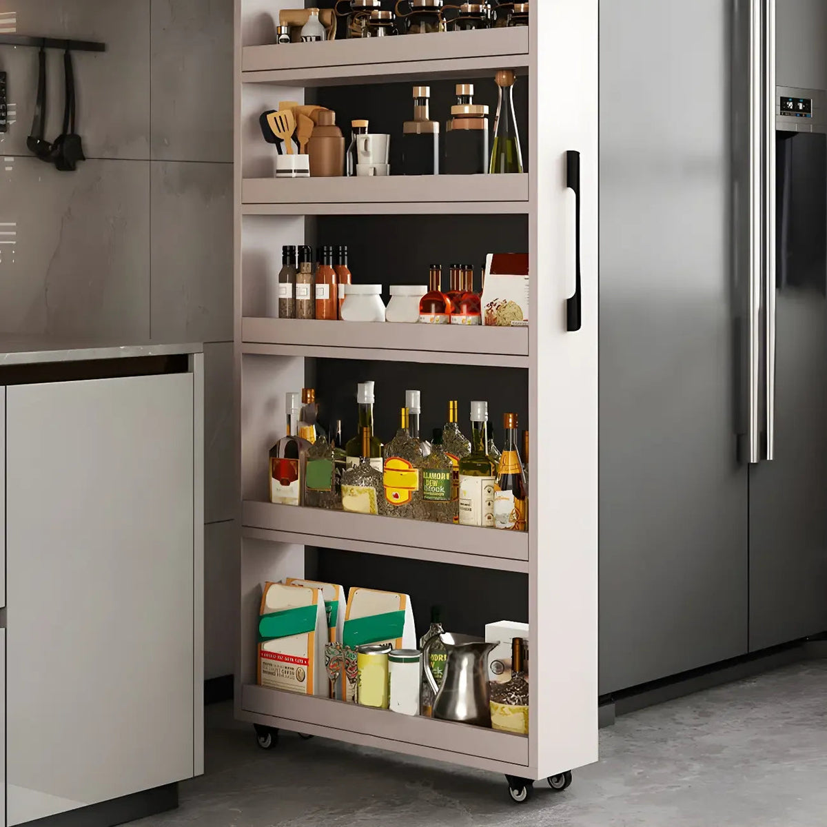 Moderner Buffet-Tisch aus Holz mit offenen Regalen und Rollen