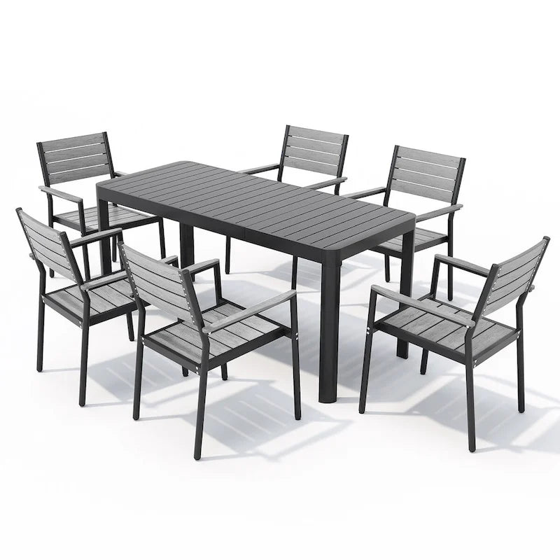 Ensemble de salle à manger d'extérieur en aluminium de 5/7 pièces, avec chaises empilables et table extensible