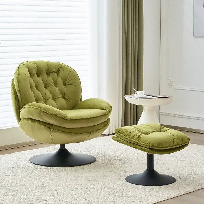 Fluwelen draaifauteuil met voetenbank, ronde leesfauteuil met voetenbankset, 360 draaibaar, metalen frame