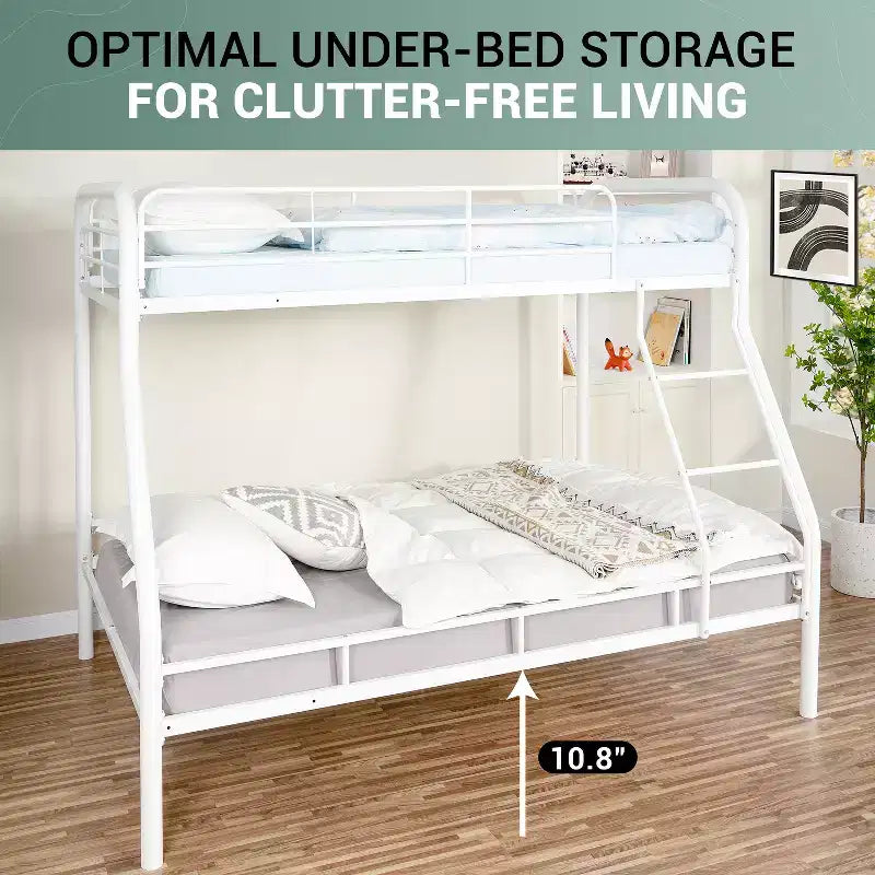 Lit superposé entièrement en métal, design sécurisé à faible hauteur avec barrières de sécurité, échelle inclinée et rangement sous le lit
