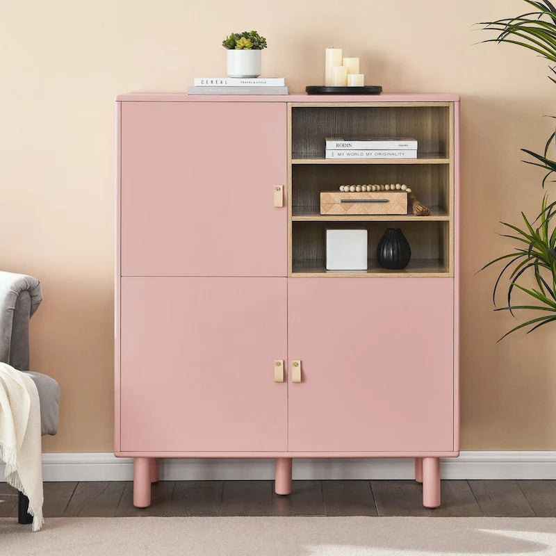 Multifunktionaler Aufbewahrungsschrank mit Tür, modernes Sideboard, Aufbewahrungsschrank aus Holz, Schubladenschrank mit Ledergriffen