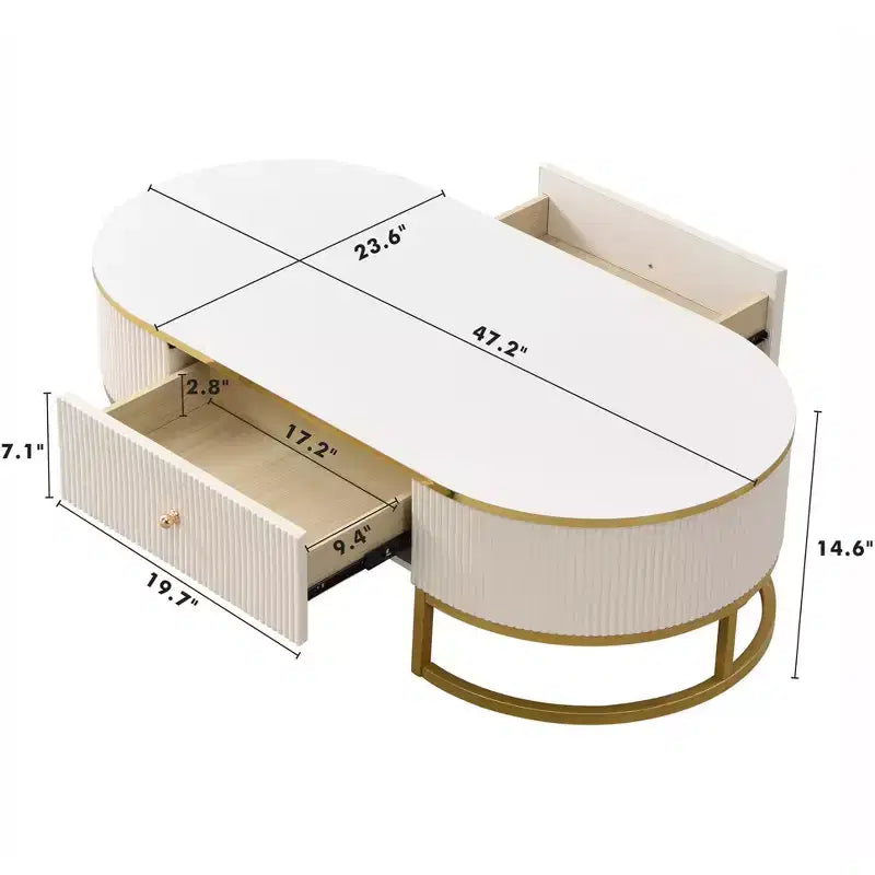 47W moderner Couchtisch, Wohnzimmertisch, Beistelltisch mit Schubladen, geschwungenes Design, goldene Metallbeine, oval, weiß+gold-ModernLuxe