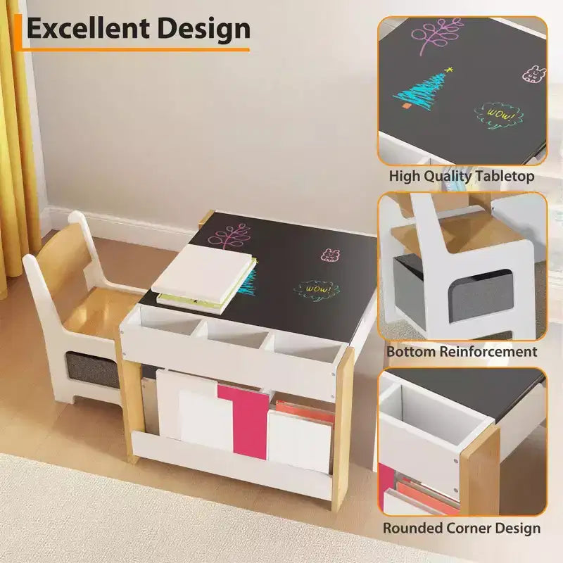 4-in-1-Aktivitätstisch-Set mit abnehmbarer Tischplatte, Tisch-Set mit Schubladen und Bücherregal, vielseitige Kindermöbel für Kleinkinder zum Malen und Lesen