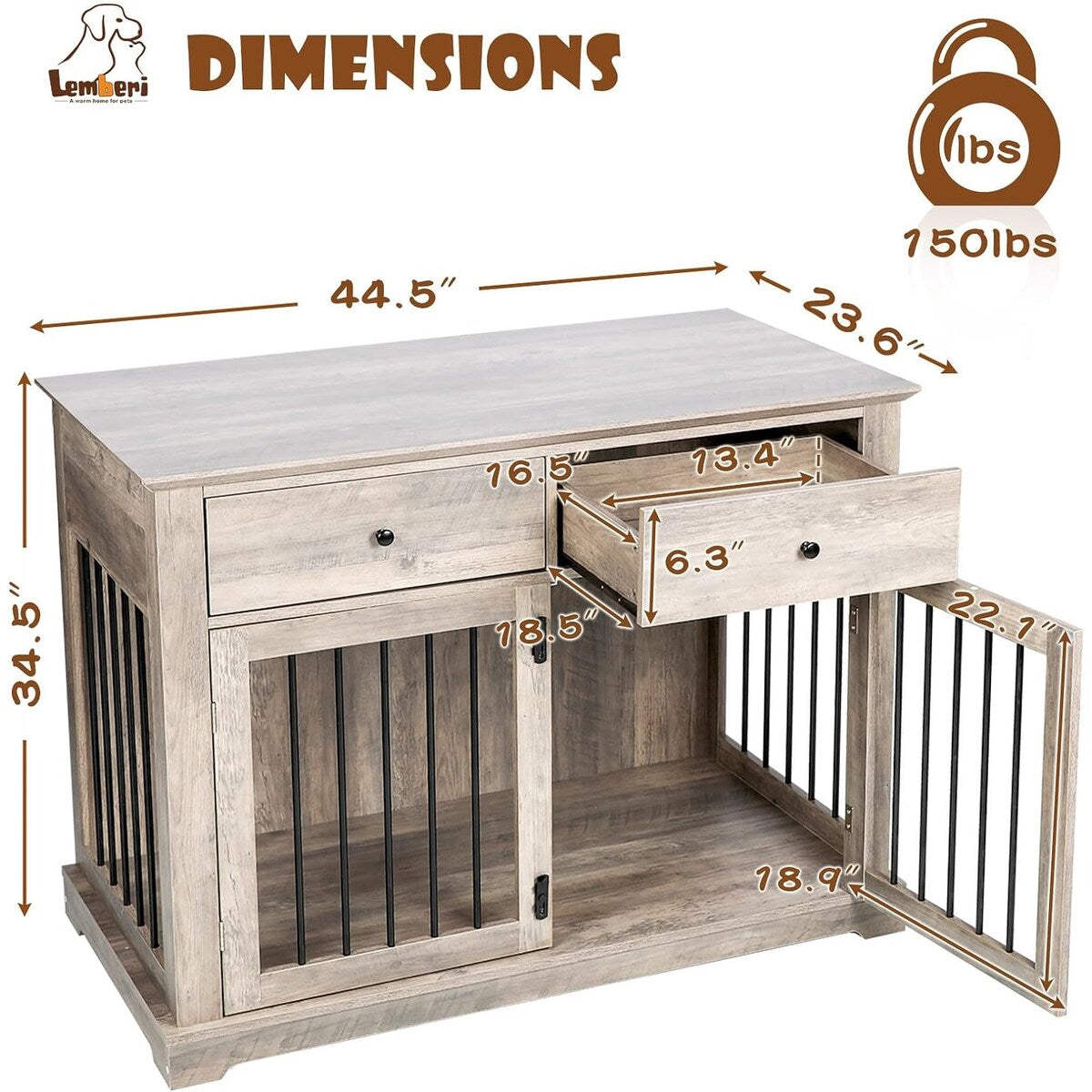 Cuccia per cani BOSSIN da 44 pollici, mobile in legno con tavolino laterale e cassetti contenitori, cuccia decorativa per animali domestici