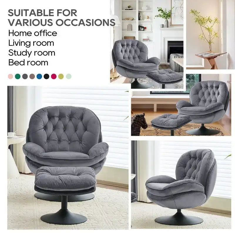 Fluwelen draaifauteuil met voetenbank, ronde leesfauteuil met voetenbankset, 360 draaibaar, metalen frame