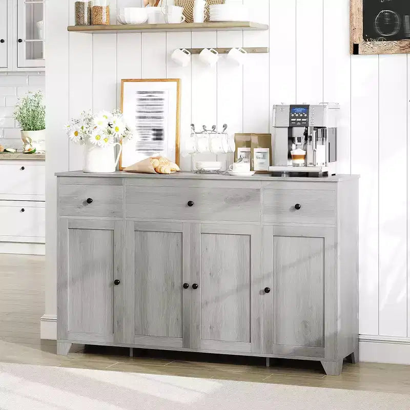 Buffet 55 avec 3 tiroirs et 4 portes, meuble de rangement de cuisine avec étagère réglable, pour la salle à manger ou le salon