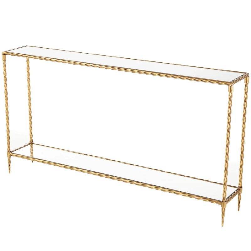 Konsolentisch mit 1 Ablage, inspiriert von gedrehtem Metallseil, mit verspiegelter Glasplatte und Ablage - Gold - Roche River Decor