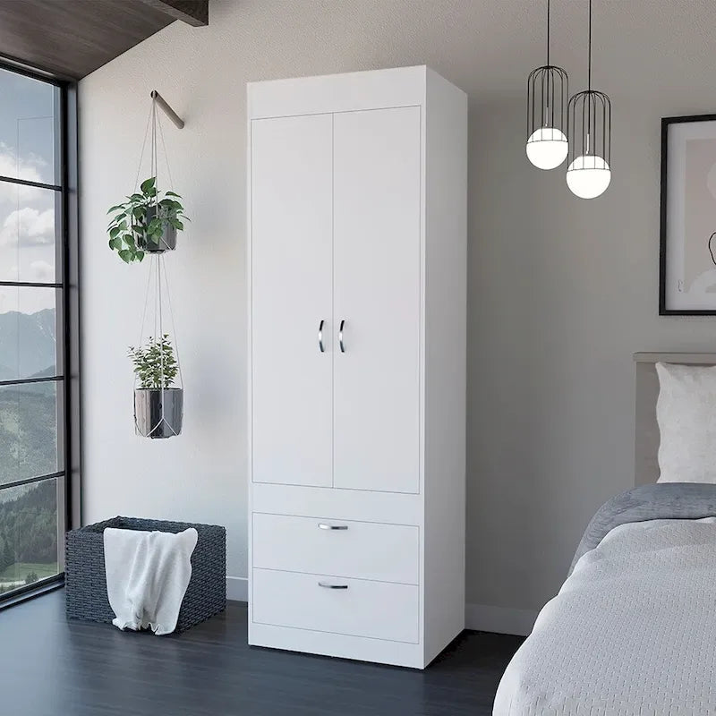 Armoire moderne à deux portes de 18.9 avec deux tiroirs inférieurs et une tringle, pour chambre à coucher