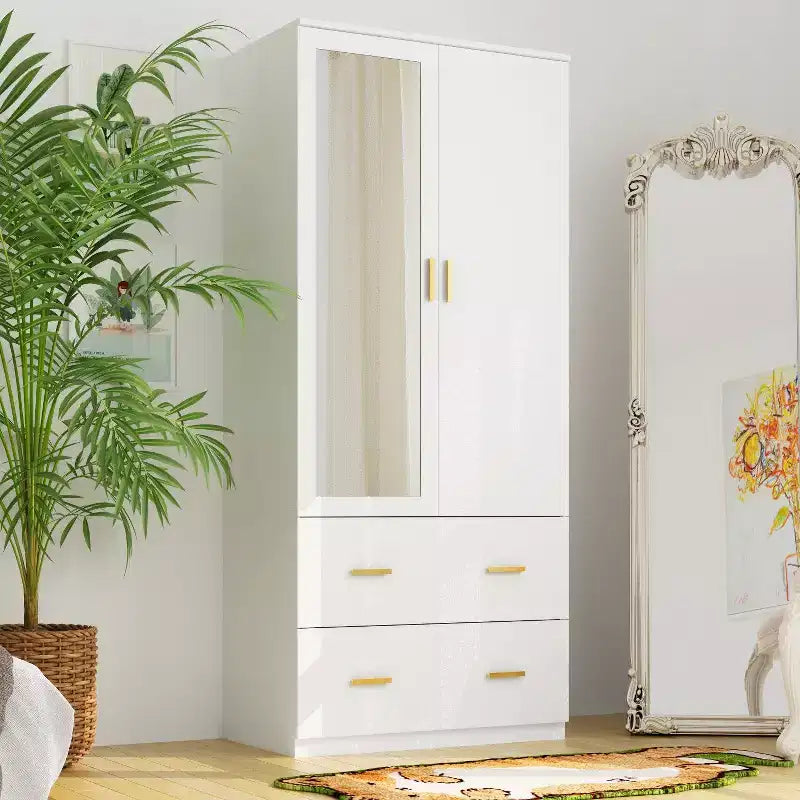 Hitow Kleiderschrank mit Doppelschublade und Spiegeltür, unterteilte Aufbewahrung
